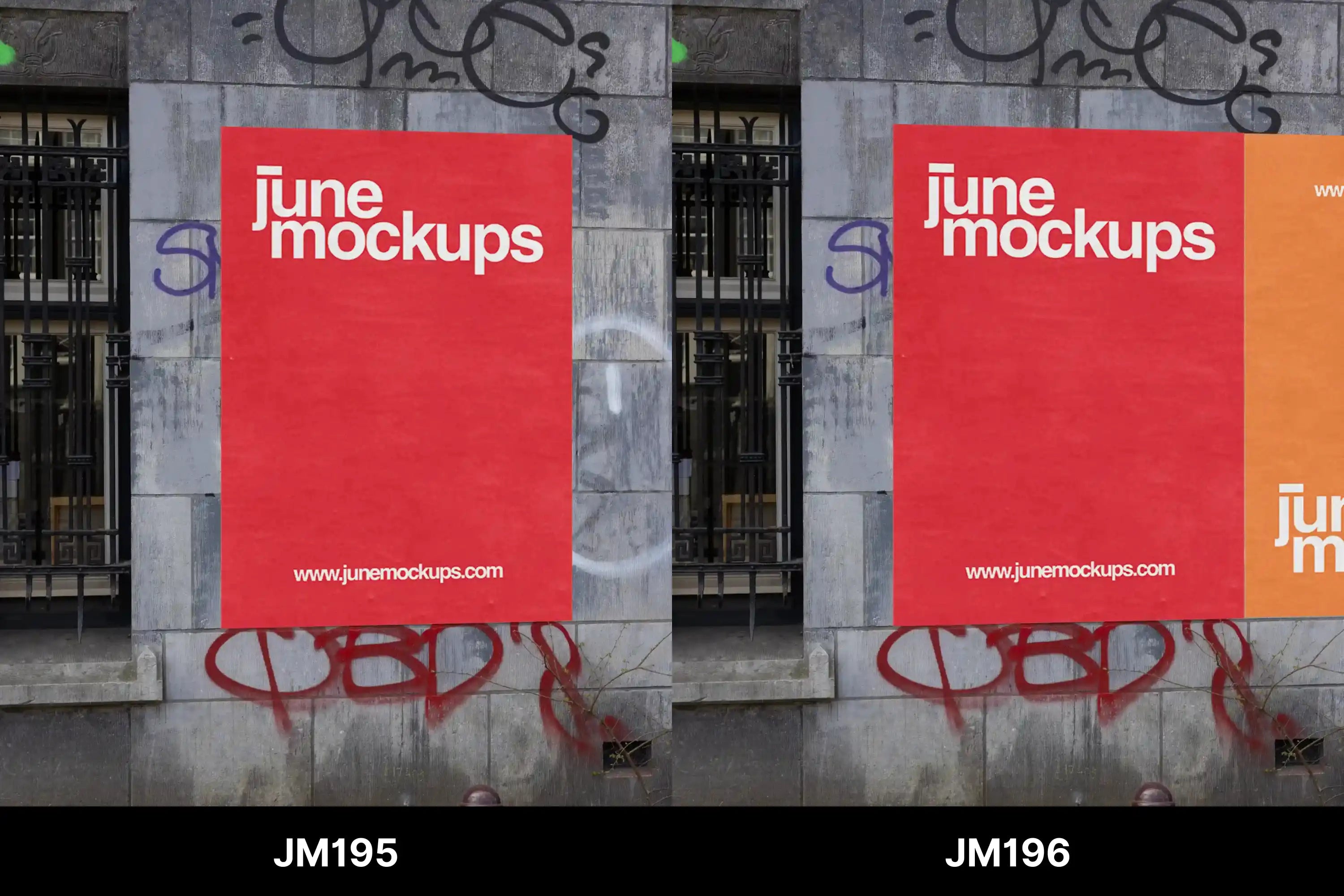 A single red poster on a grey stone wall with graffiti marks and an iron window frame. Perfect for showing your uploaded artwork in a realistic urban setting — JuneMockups will place your design for you, no Photoshop required.