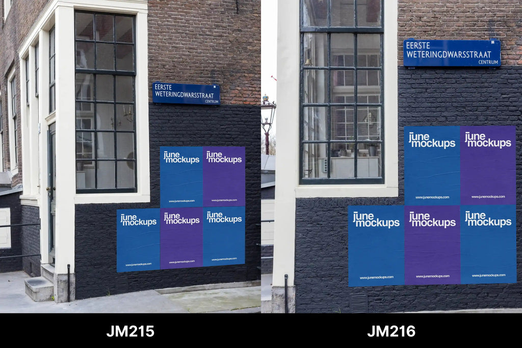 Several blue and purple posters pasted on a city building with a “Eerste Weteringdwarsstraat” sign and a large window. Ideal for designers who want to see their work in a real street environment.