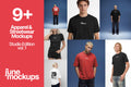 Streetwear apparel mockup bundle studio edition featuring 9+ realistic t-shirt mockups with front print, back print, logo placement, folded apparel scenes, model shots, editable shirt colors and Photoshop PSD Smart Object layers, perfect for clothing brands, merch designs, fashion campaigns, online shops and streetwear product presentations.