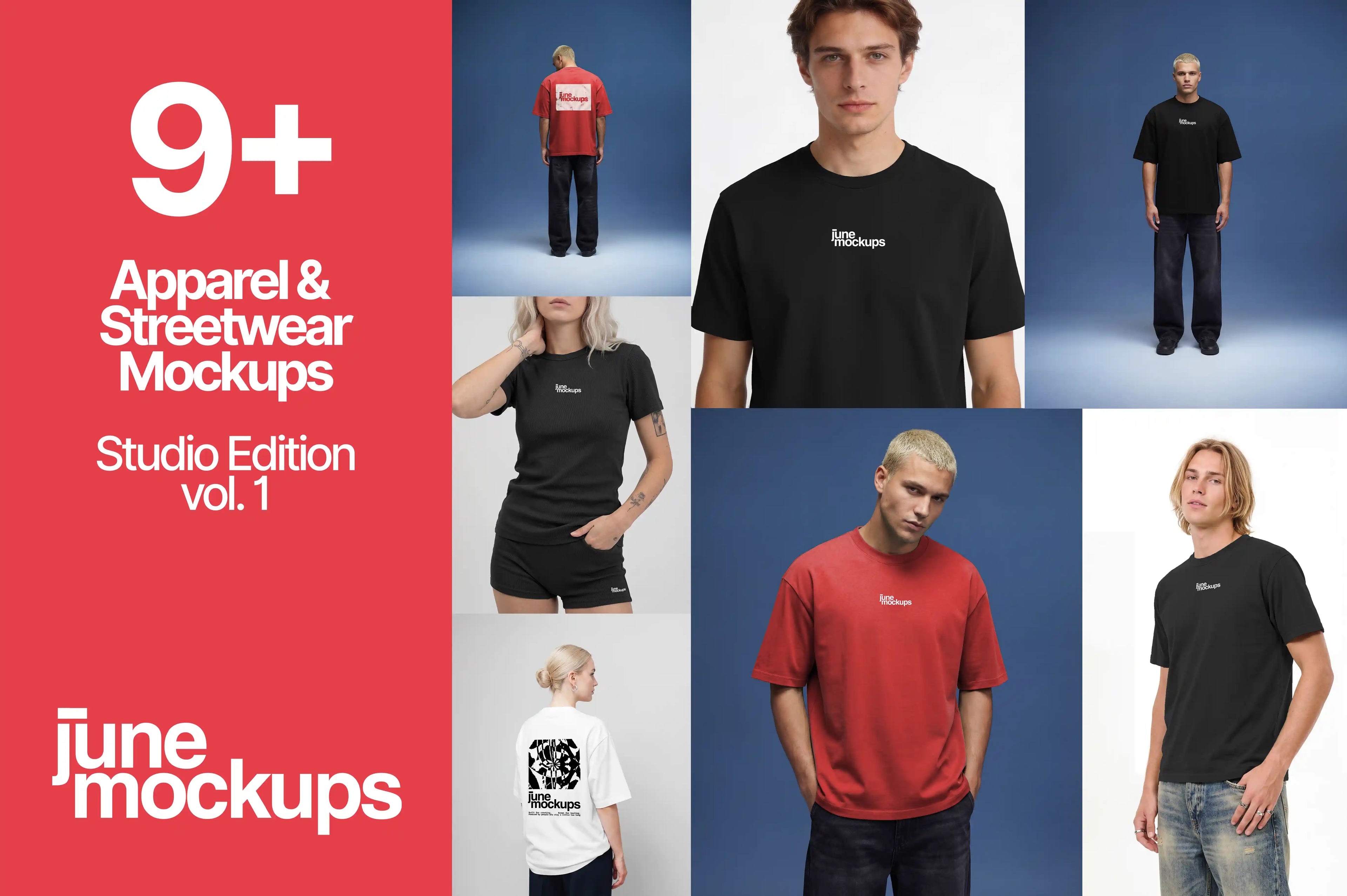 Streetwear apparel mockup bundle studio edition featuring 9+ realistic t-shirt mockups with front print, back print, logo placement, folded apparel scenes, model shots, editable shirt colors and Photoshop PSD Smart Object layers, perfect for clothing brands, merch designs, fashion campaigns, online shops and streetwear product presentations.