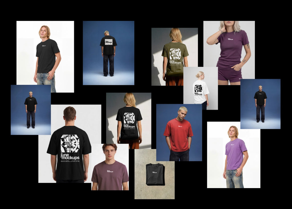 Streetwear apparel mockup bundle featuring realistic studio t-shirt mockups with front print, back print, oversized fits, folded t-shirt scenes, male and female model shots, editable shirt colors, natural fabric folds, clean lighting and Photoshop PSD Smart Object layers, perfect for streetwear brands, clothing labels, merch designs, apparel branding, fashion campaigns, online shops, lookbooks, portfolio presentations and product visuals.