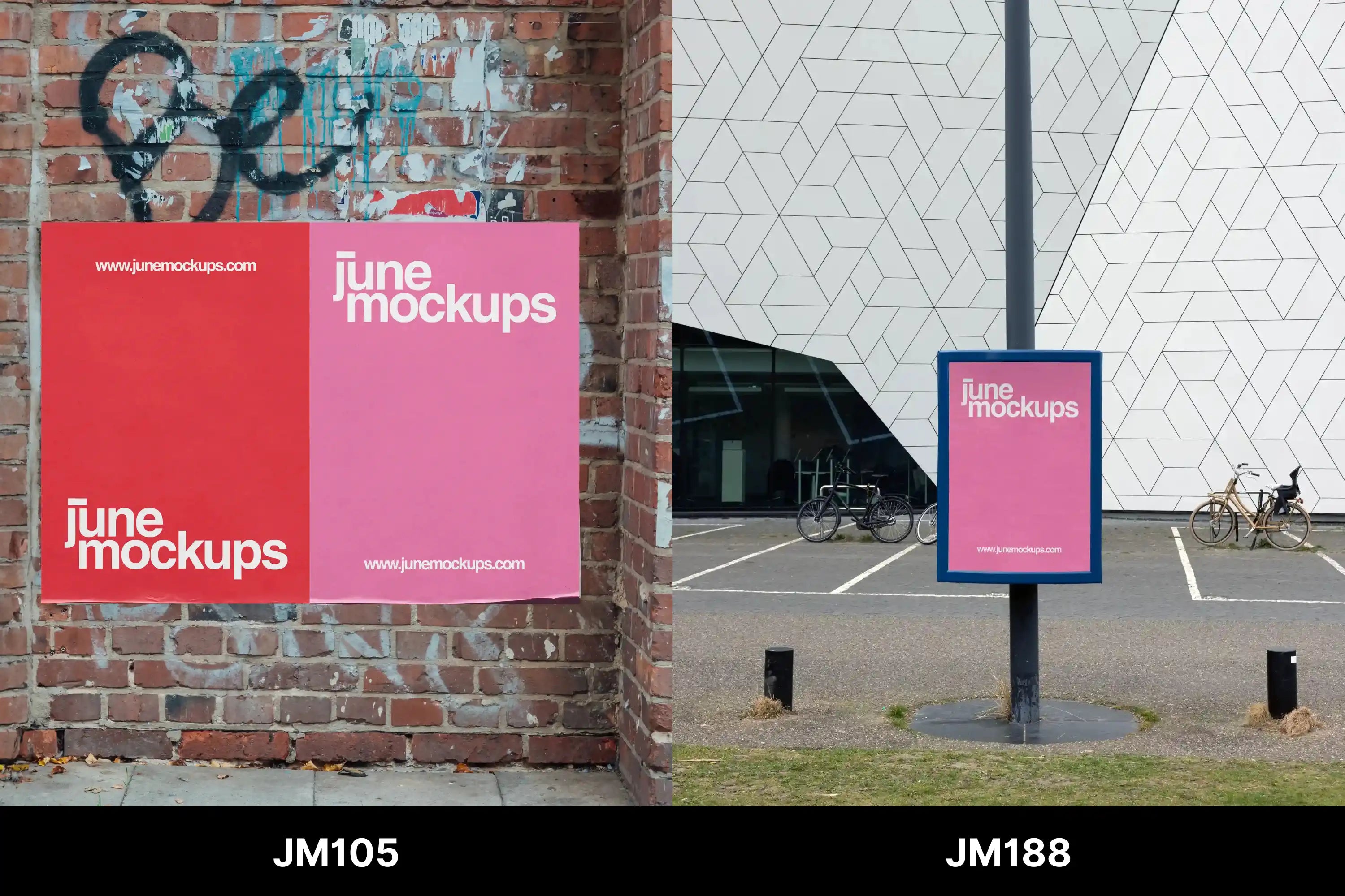 Two large posters on a red brick wall, one pink and one red, surrounded by city textures. Your uploaded design will be inserted professionally and realistically by the JuneMockups team.