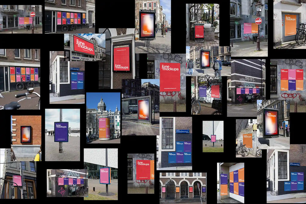 Overview of the Urban Poster Mockup Amsterdam Edition – a premium PSD collection showcasing city-light, bus stop, and street poster scenes, city light mockups around Amsterdam. Features various poster formats, realistic urban textures, and natural lighting for professional design presentations. Ideal for creatives, agencies, and branding showcases.