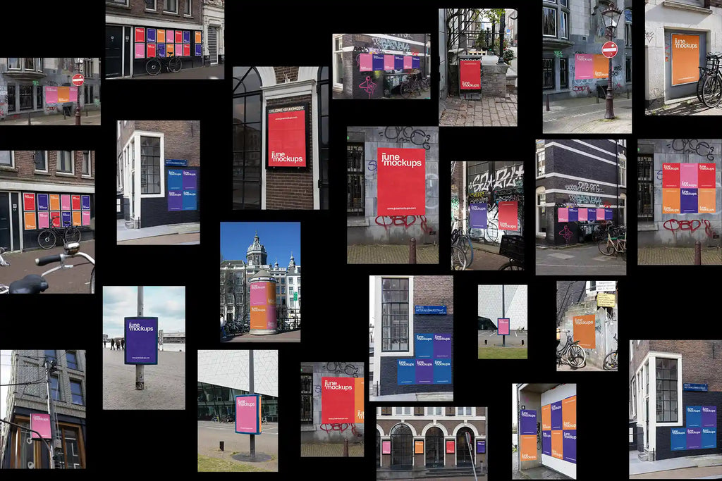 Realistic urban poster mockup bundle captured in Amsterdam, featuring multiple city-light and street poster scenes on brick walls, doorways, and urban facades. Includes high-quality PSD mockups with authentic lighting, reflections, and bicycles in the background. Perfect for graphic designers, branding presentations, and outdoor advertising visuals.