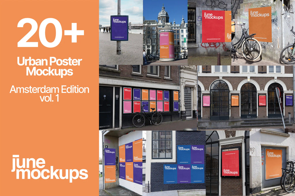 Collection of over 20 urban poster mockups in Amsterdam, featuring various street locations, Amsterdam Edition vol. 1