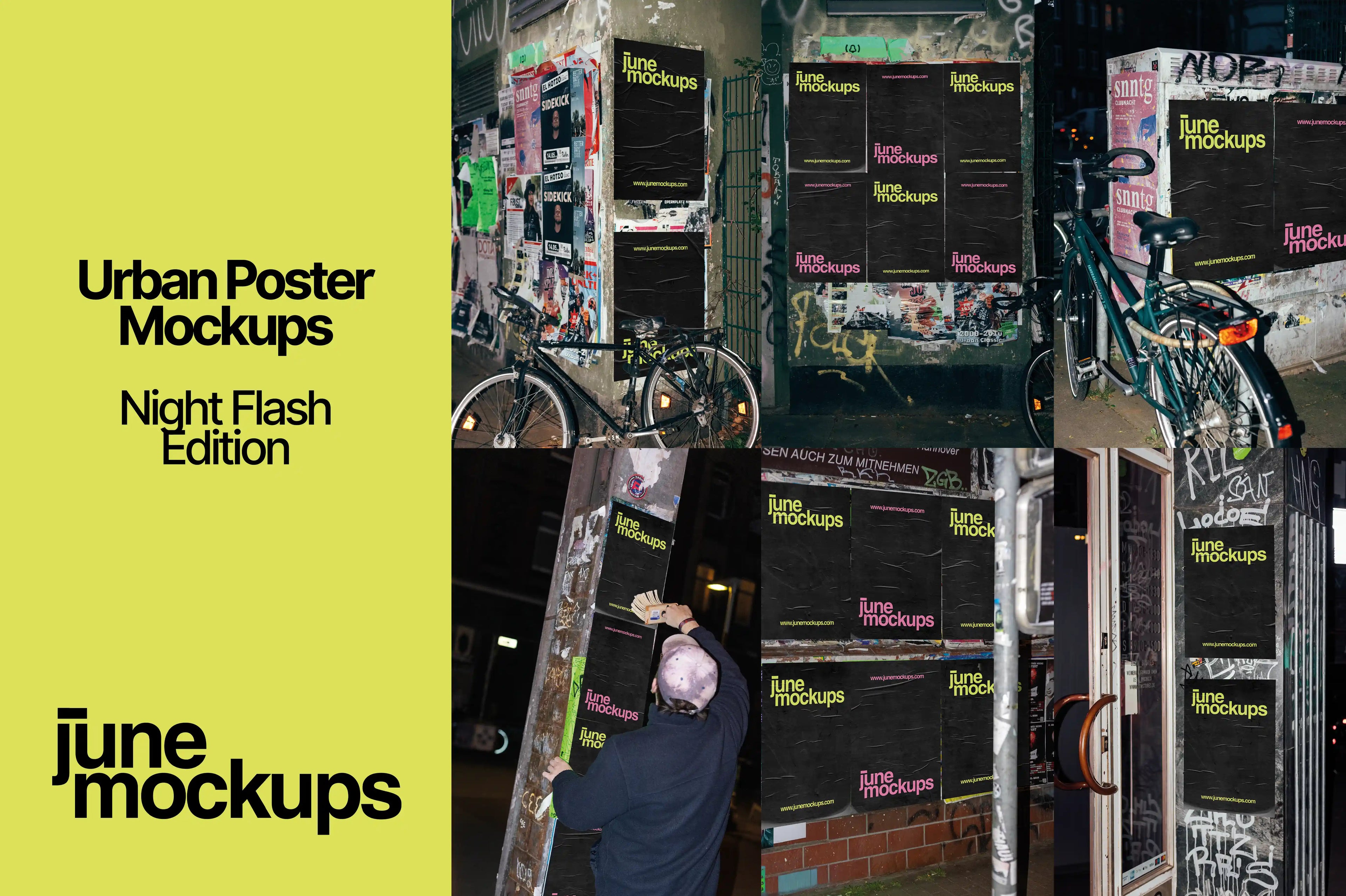 Urban poster mockup bundle featuring a night flash edition with multiple realistic street poster scenes, perfect for showcasing branding and campaign designs.