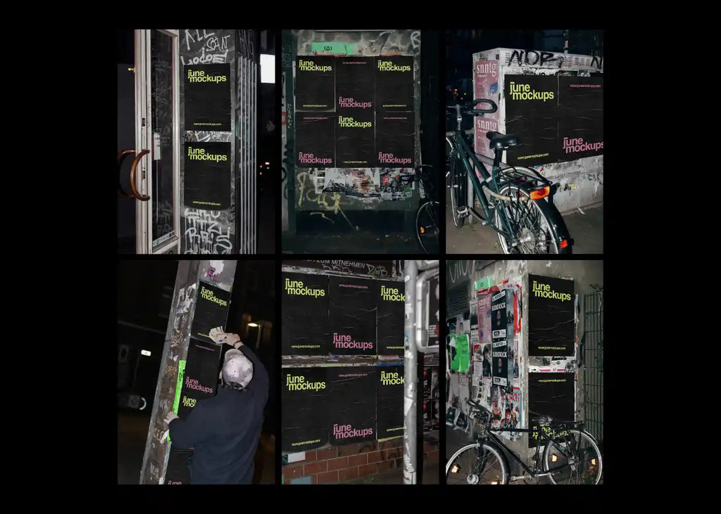 Urban poster mockup bundle displaying multiple night flash street poster scenes in a grid layout, ideal for branding, campaigns and realistic outdoor presentations.