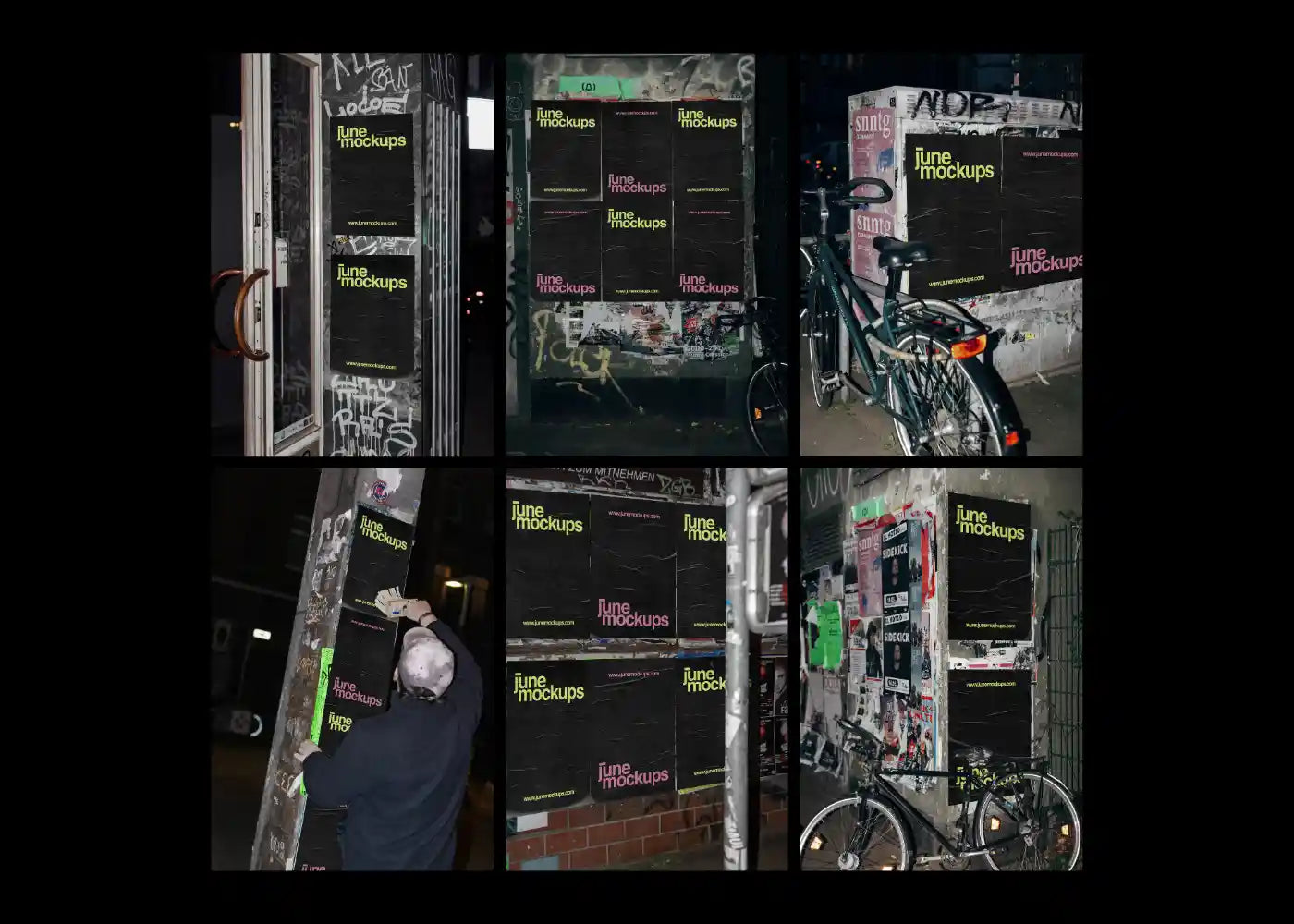 Urban poster mockup bundle displaying multiple night flash street poster scenes in a grid layout, ideal for branding, campaigns and realistic outdoor presentations.