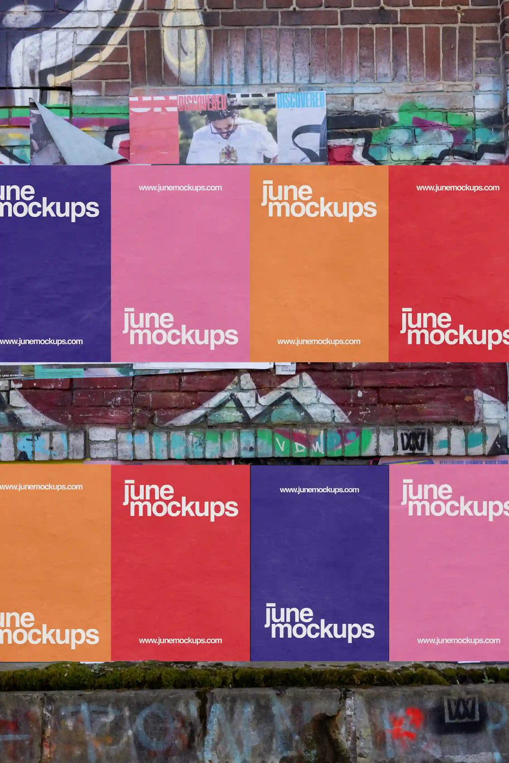 Urban street poster mockup set in Germany with graffiti-covered brick wall, featuring 8 Smart Object layers.