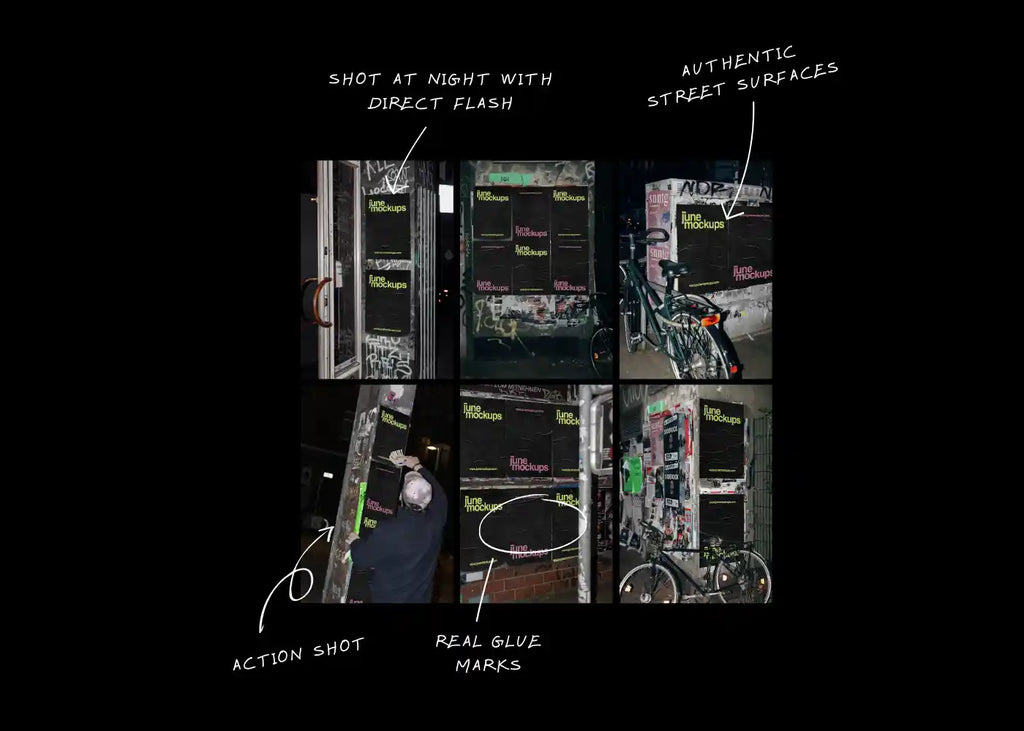 Urban poster mockup night flash collection showing real glue marks, authentic street surfaces and action shot scenes for highly realistic outdoor advertising visuals.