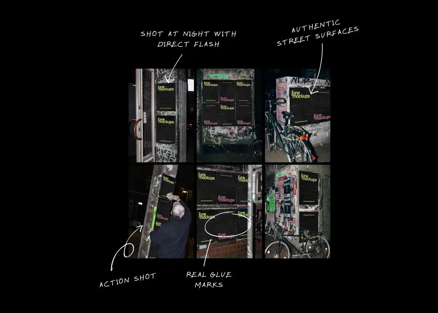 Urban poster mockup night flash collection showing real glue marks, authentic street surfaces and action shot scenes for highly realistic outdoor advertising visuals.