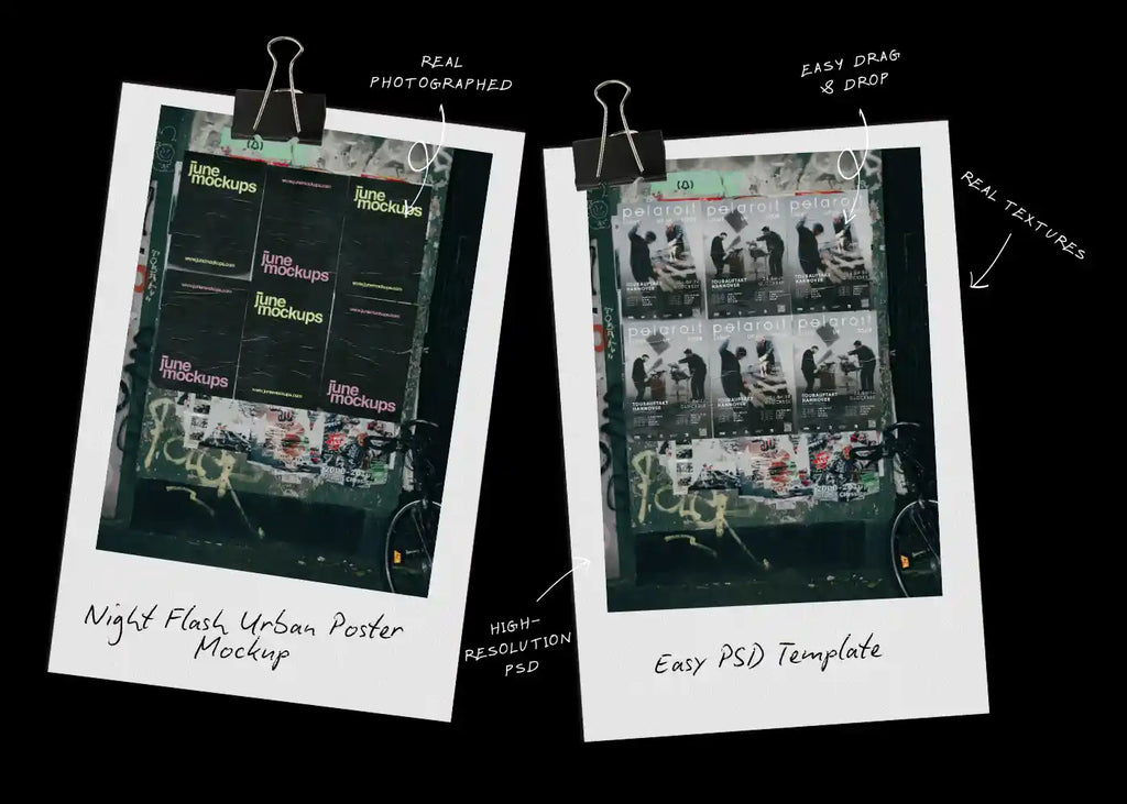 Night flash urban poster mockup shown in a polaroid style preview, highlighting real photographed scenes, easy drag and drop PSD templates and high resolution files.