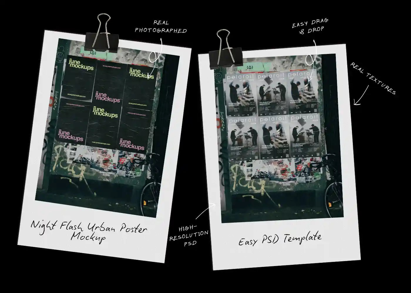 Night flash urban poster mockup shown in a polaroid style preview, highlighting real photographed scenes, easy drag and drop PSD templates and high resolution files.