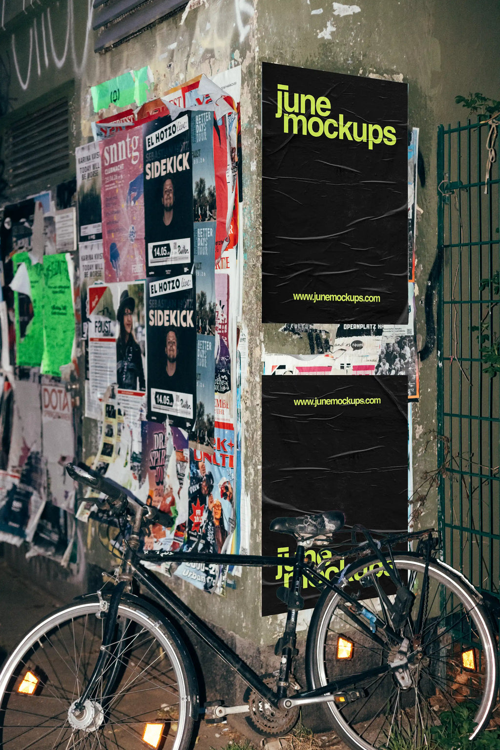 Urban poster mockup featuring a purple street poster on a grunge wall with layered posters and a bicycle in the foreground, showcasing realistic outdoor advertising in a raw city environment.