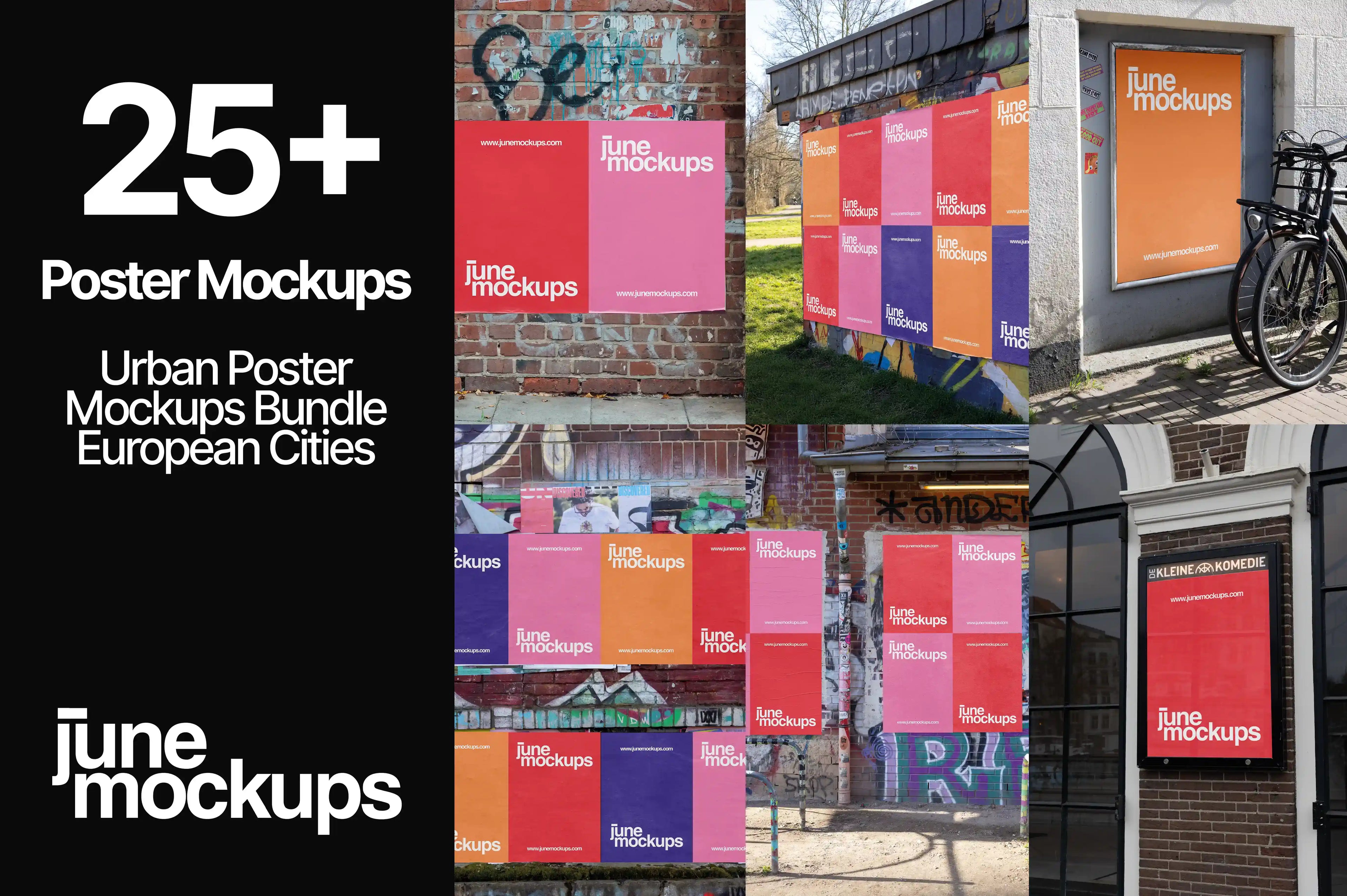 25+ Urban Poster Mockups Bundle – real street poster scenes photographed in various European cities including Amsterdam and Berlin. High-resolution PSD templates for realistic DIN A poster presentations.