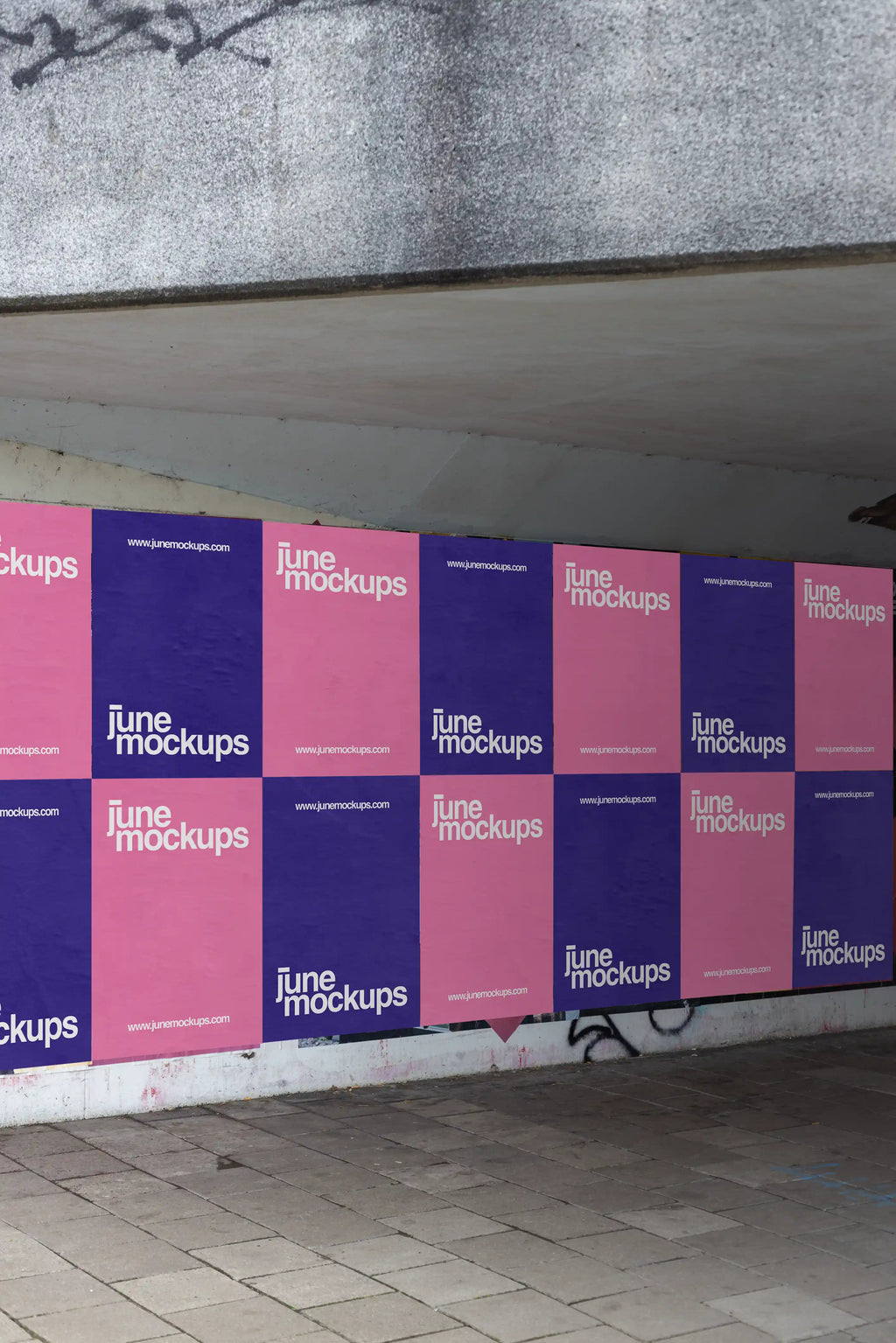 Realistic urban poster wall mockup under an overpass in Amsterdam, featuring a pink and purple poster grid with natural lighting and textured street elements.