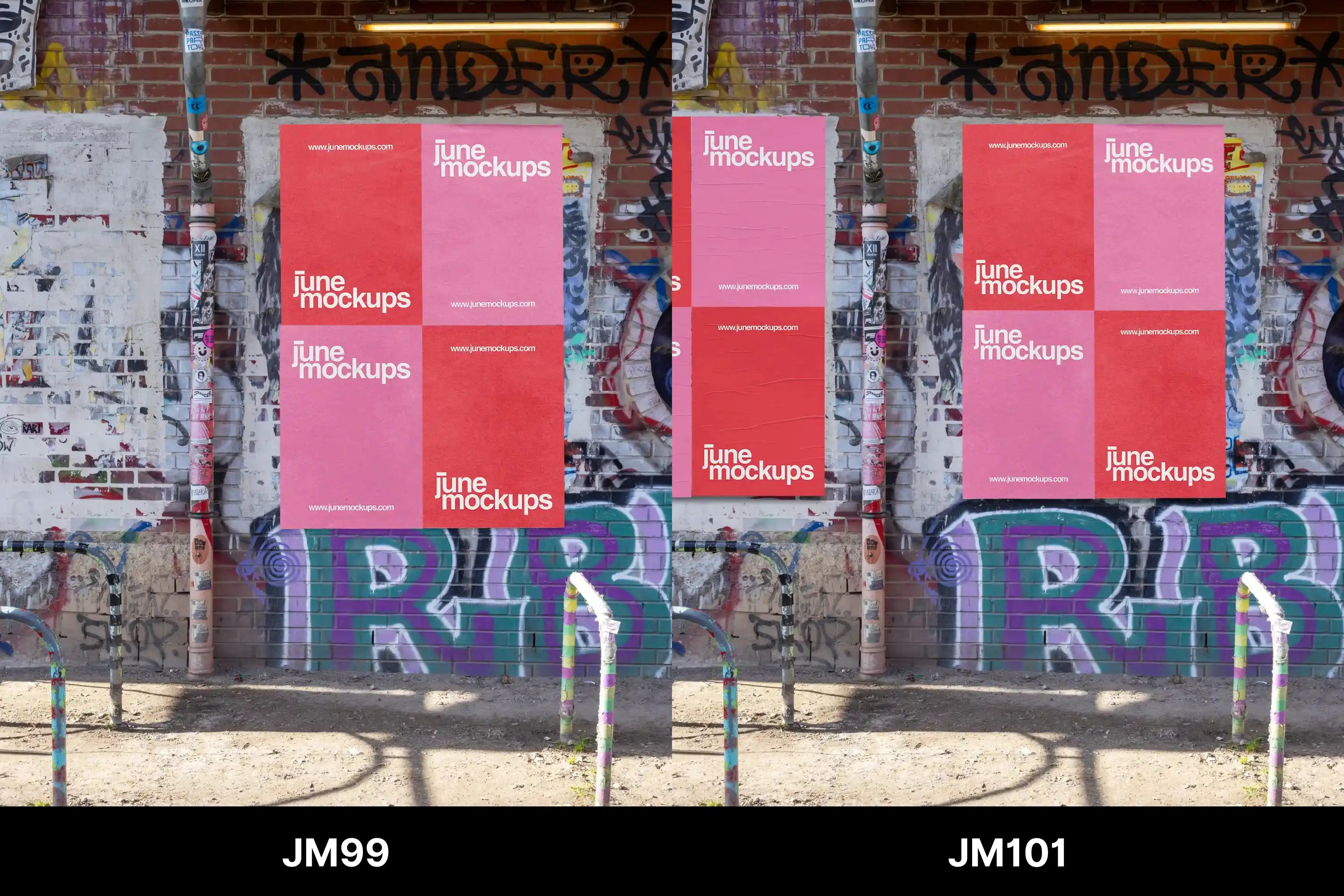 A realistic street poster wall with graffiti and a mix of pink and red. Great for designers who upload their poster to get it placed naturally into a real city background.