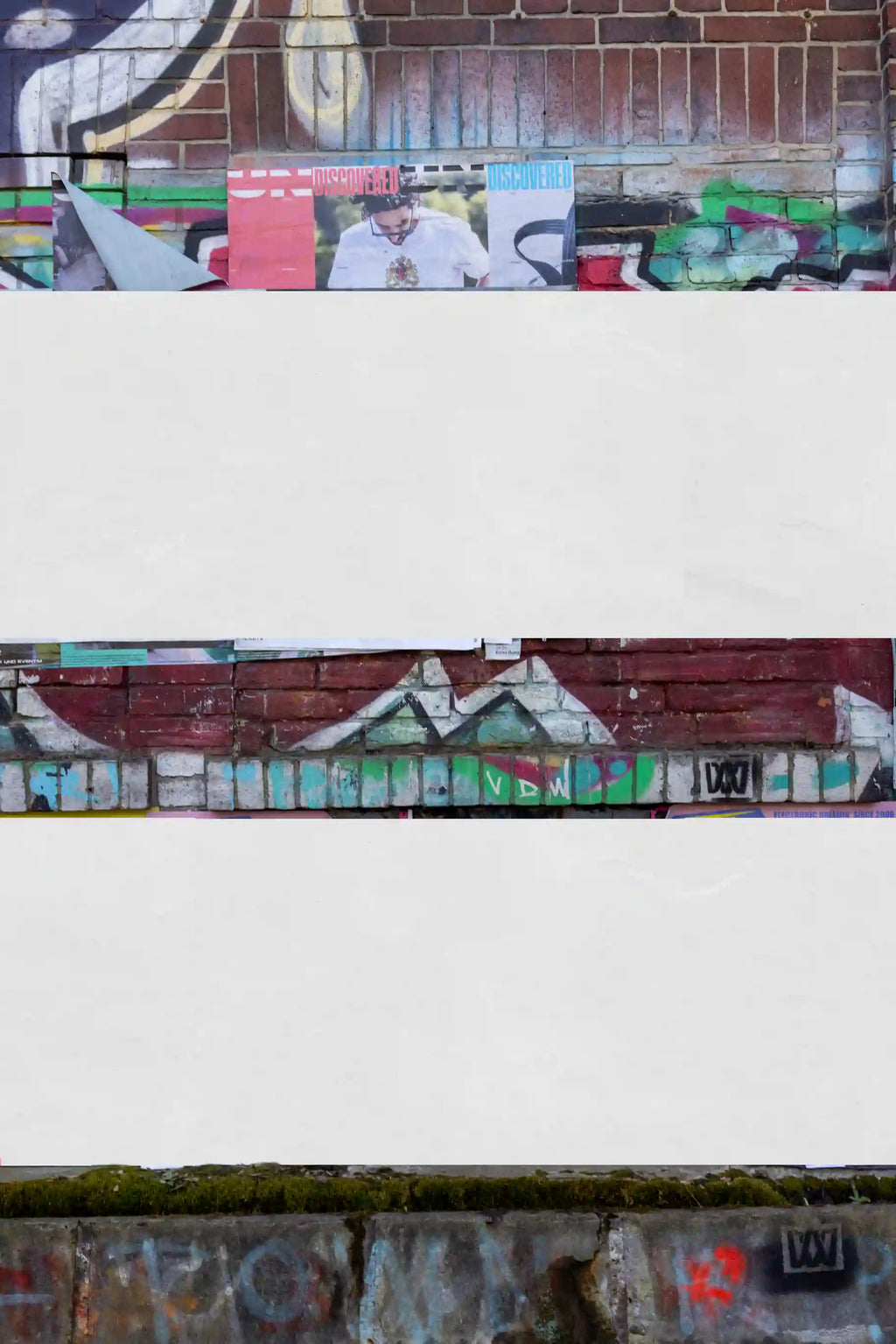 Urban street poster mockup set in Germany with graffiti-covered brick wall, featuring 8 Smart Object layers.