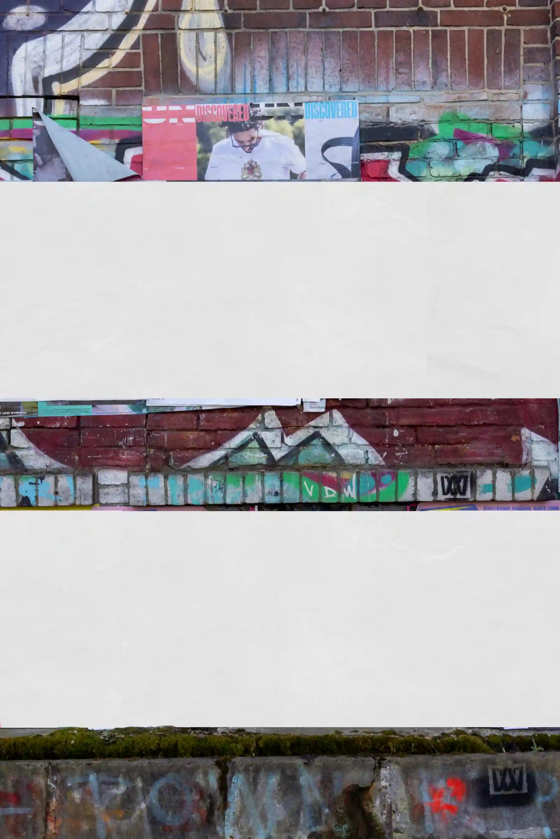 Urban street poster mockup set in Germany with graffiti-covered brick wall, featuring 8 Smart Object layers.